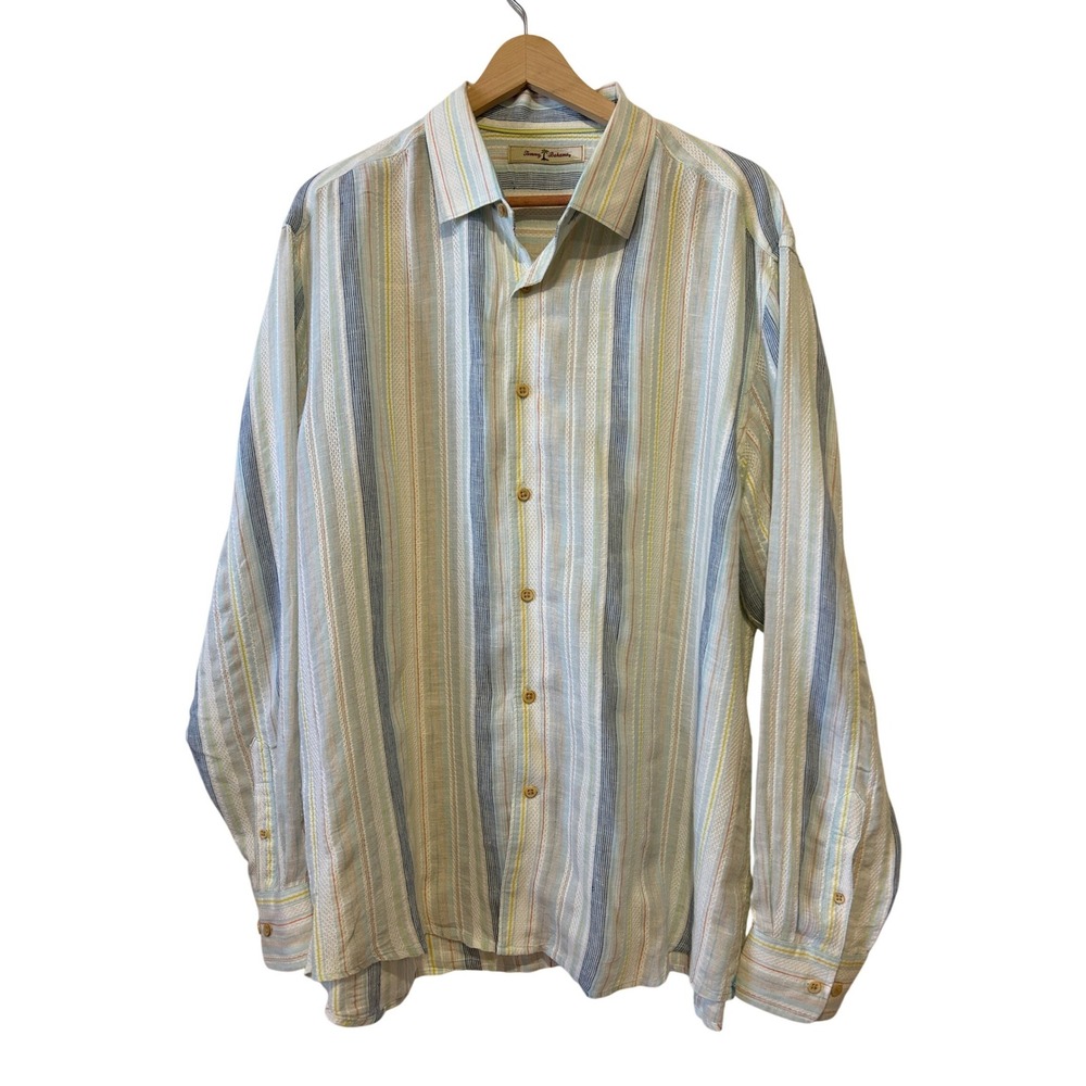 Tommy Bahama Button Up Shirt XL Multi Color Linen Blend Striped Dobby Resort